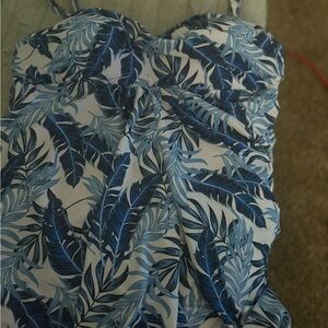 Strapless Blue Leaf Print Dress